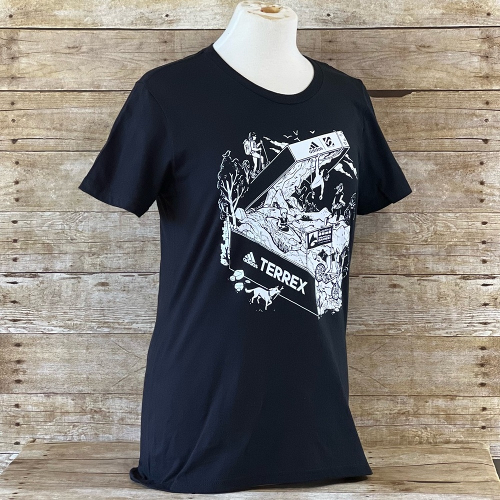 Adidas Terrex Amplifier Tee Womens Medium Black Graphic T-Shirt IA7360 NEW - Picture 2 of 9